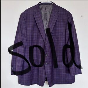 Calvin Klein Men’s Sport Coat Blazer 52R Purple Blue Plaid 2 Button Wool Blend